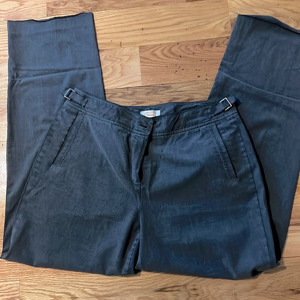 Talbots grey stretchy pants, adjustable waistband clips, 2 front slit pockets